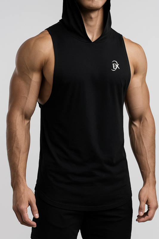 Men’s Black Sleeveless Hoodie Tank Top – Lightweight & Breathable